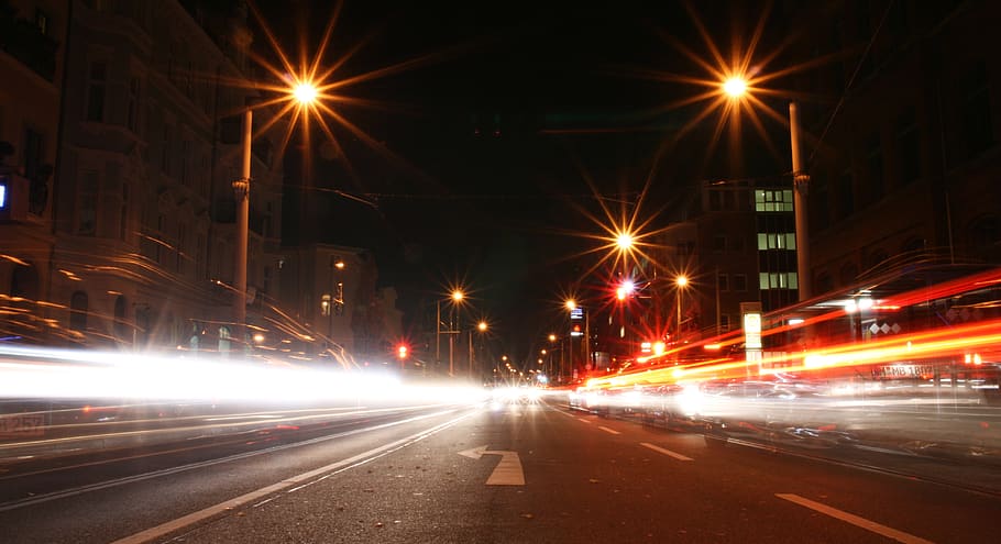 germany, cottbus, time exposure, traffic, city, rush hour, light stripes HD wallpaper