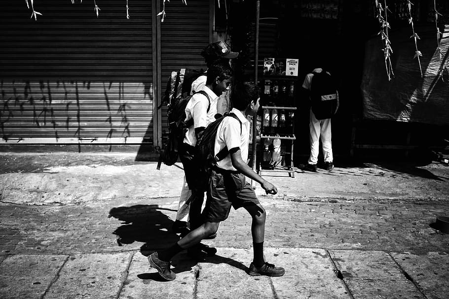 grayscale photography of two boys walking, human, person, clothing