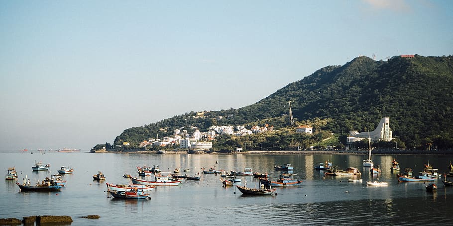 vietnam, vũng tàu, coean, sea, water, mountain, boats, blue, HD wallpaper