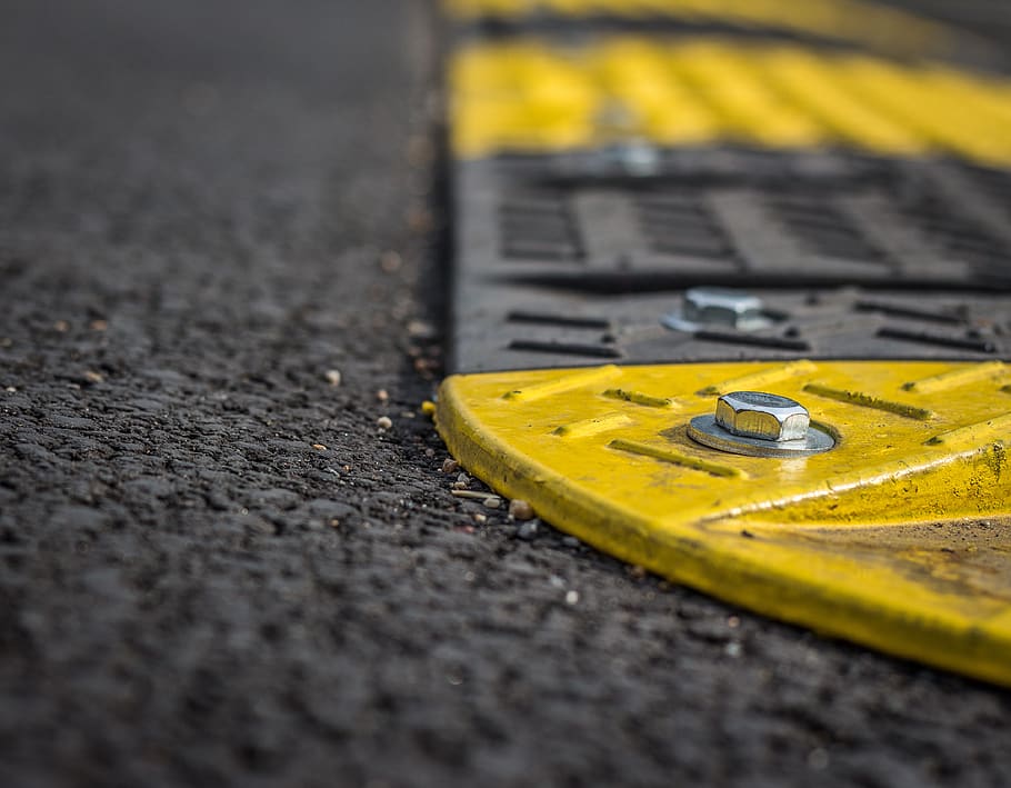 Yellow and Gray Steel Cover, asphalt, blur, close-up, detail