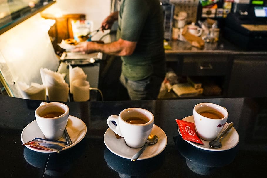Three Cups of Coffee on Saucers, bar, beverage, cafeteria, caffeine HD wallpaper