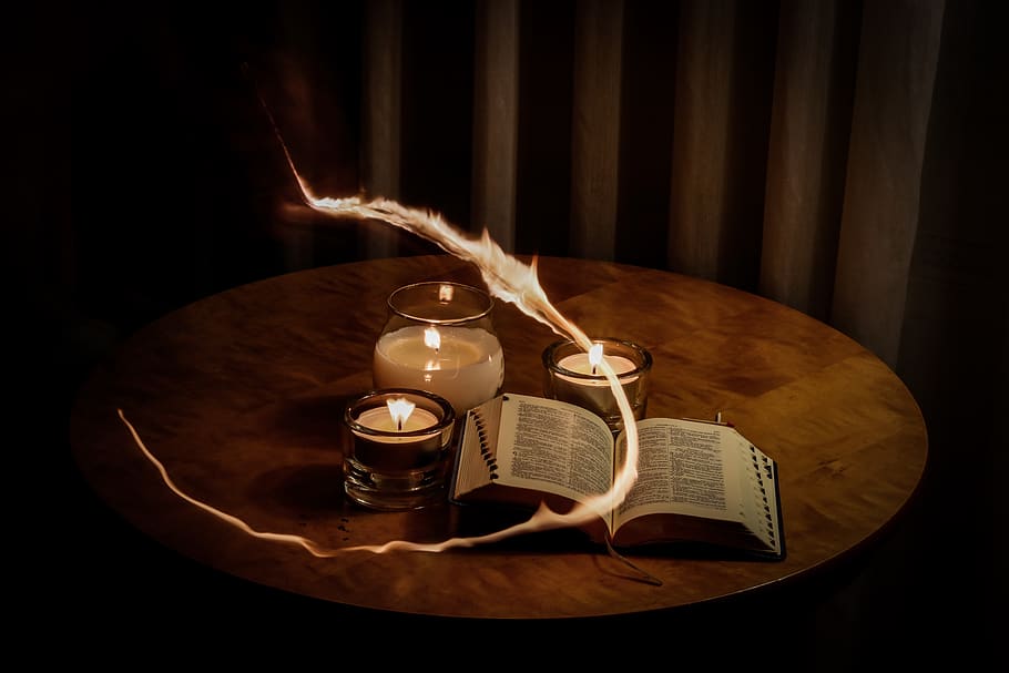 lighted candles beside book, indoors, publication, table, wood - material HD wallpaper