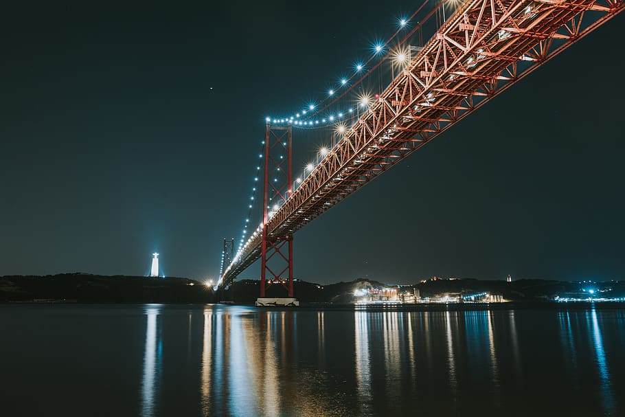 lighted bridge, portugal, lisboa, ponte 25 de abril, outdoors