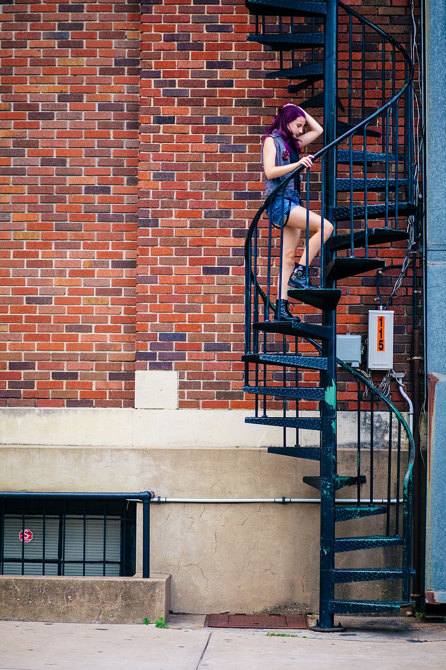 Woman on Spiral Stairs, architectural design, architecture, brick wall HD wallpaper