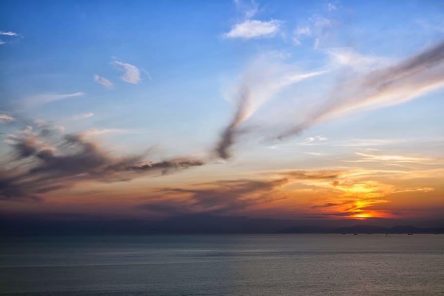 sky, sea, sunset, warm, view, over, blue, photo, coast, night HD wallpaper