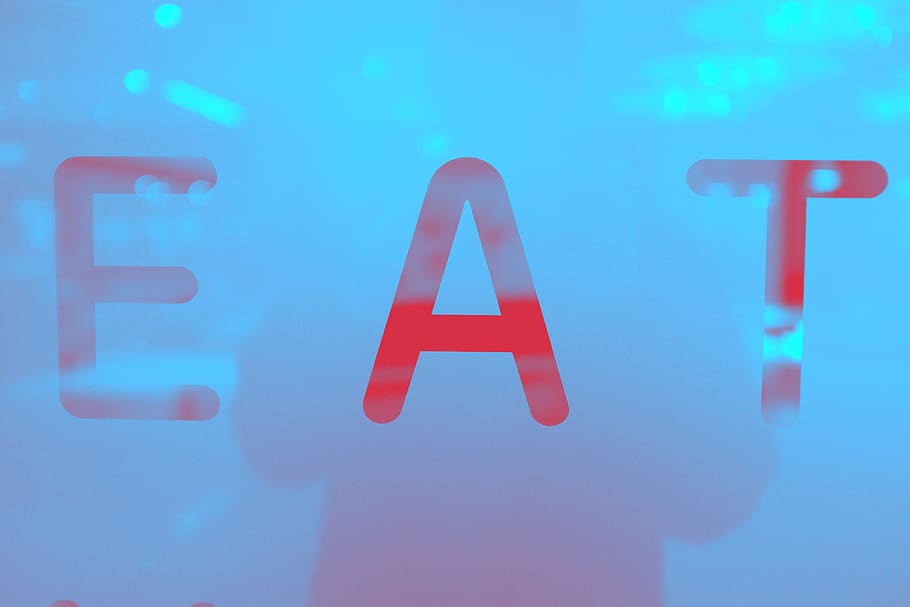red EAT sign, communication, blue, close-up, no people, indoors HD wallpaper