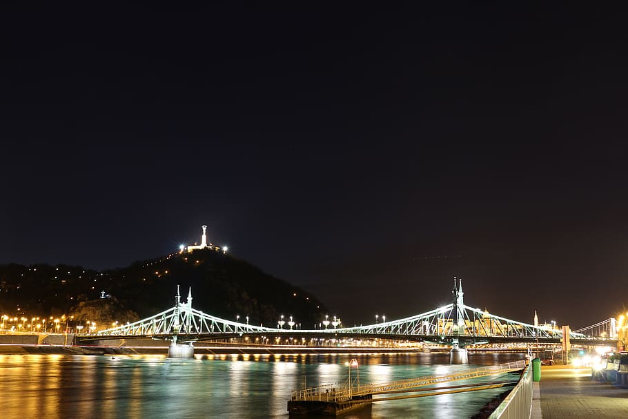 budapest, hungary, bridge, sky, danube, lights, night, river HD wallpaper