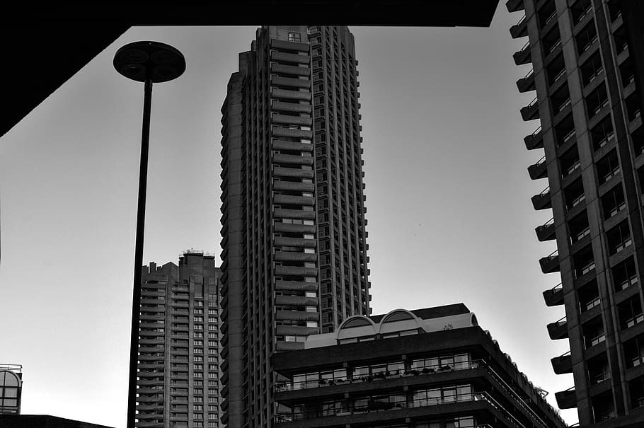 london, united kingdom, barbican centre, towers, tower block