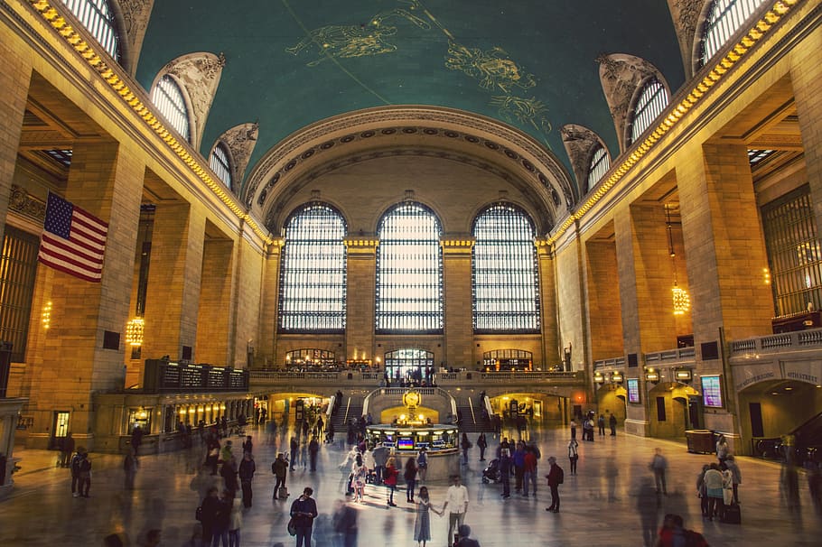 people gather inside building, train station, new york, grand central station HD wallpaper