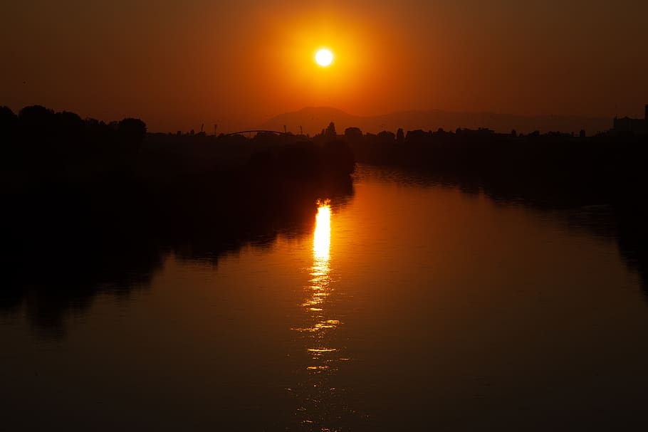 croatia, zagreb, reflection, sky, sunset, water, orange color HD wallpaper