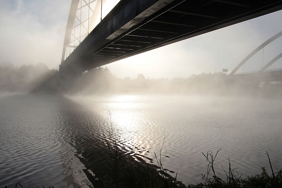 autumn, fog river, water, saar, bridge, backlighting, morning sun, HD wallpaper