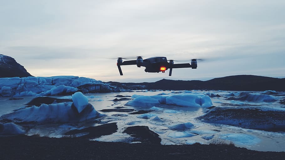 drone, camera, ice, iceberg, snow, cold, weather, technology HD wallpaper