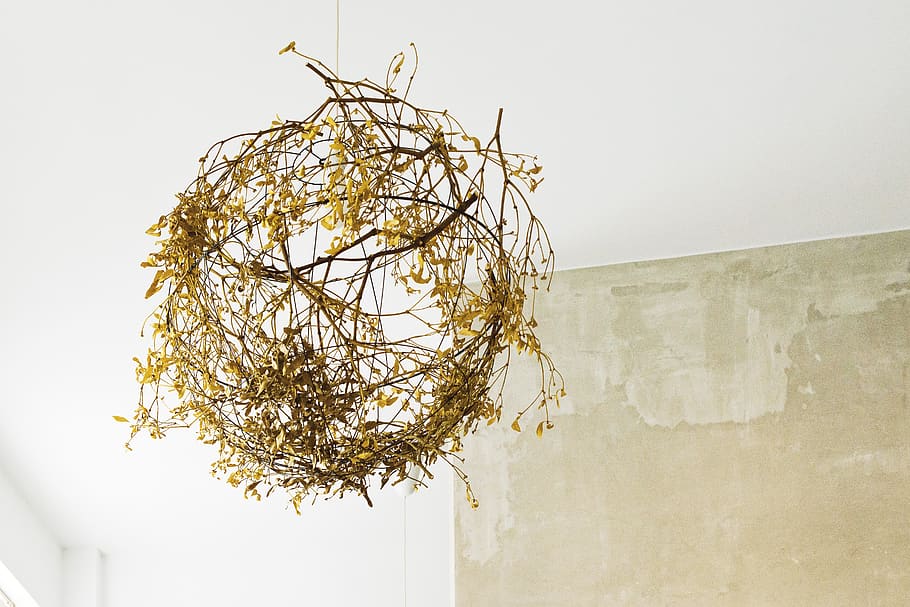 celling, wall, concreet, green, sphere, interior, mistletoe HD wallpaper