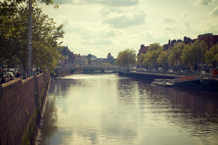 Gray Concrete Bridge, canal, city, water, tree, architecture HD wallpaper