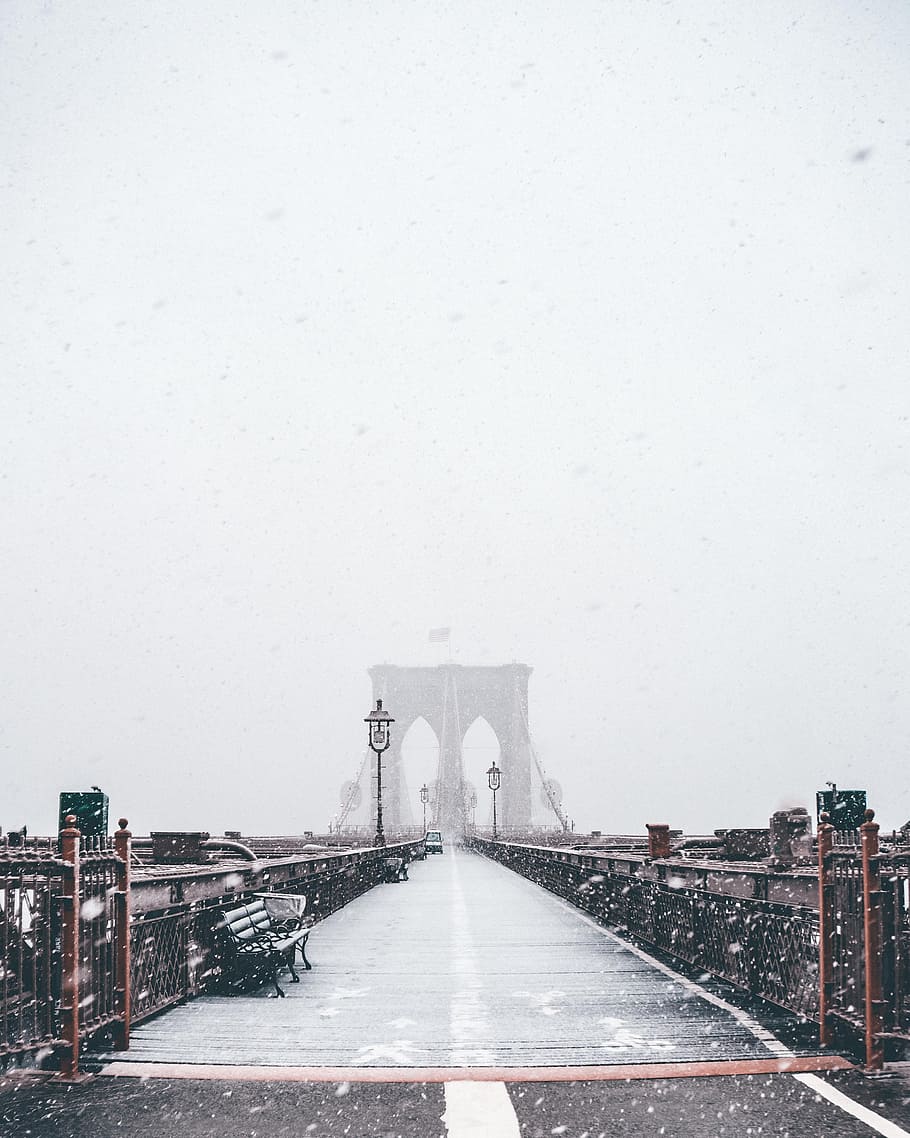 Brooklyn Bridge, New York, snow, cold, bench, seat, railing, perspective HD wallpaper