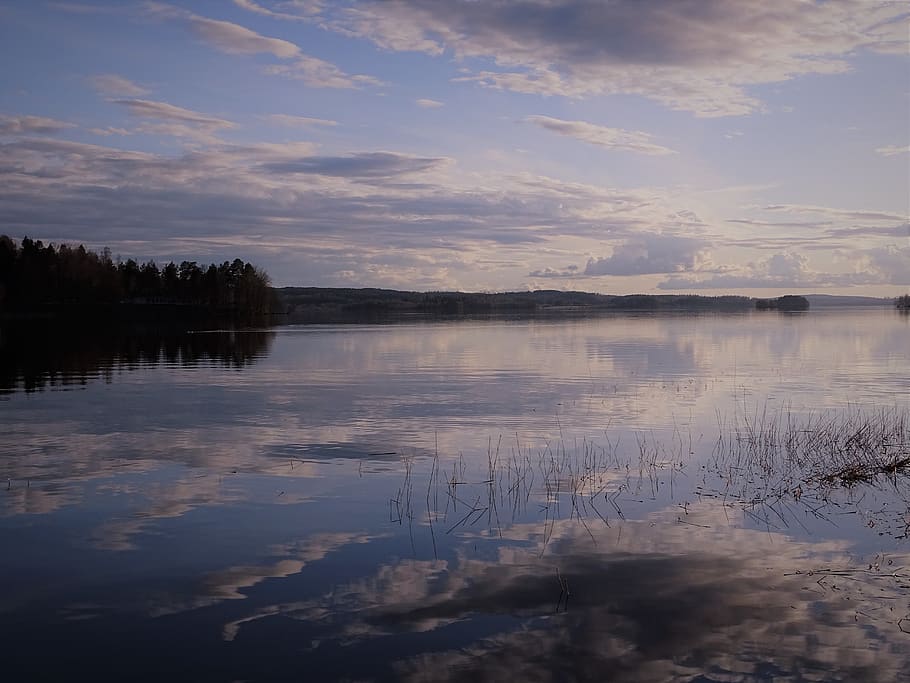 lake, sunset, sky, water, landscape, nature, horizontal, blue HD wallpaper