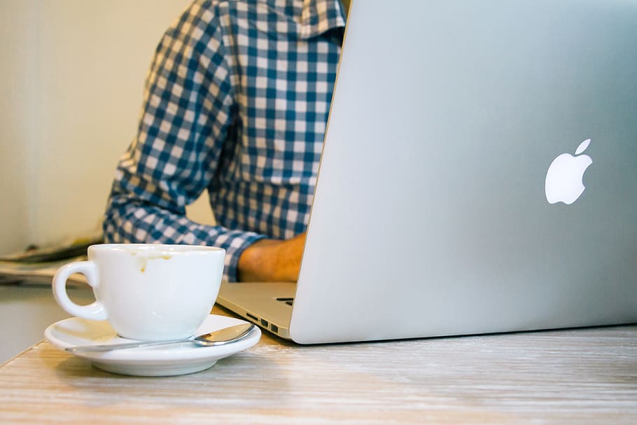 White Ceramic Teacup Beside Silver Macbook on Table, blur, coffee HD wallpaper