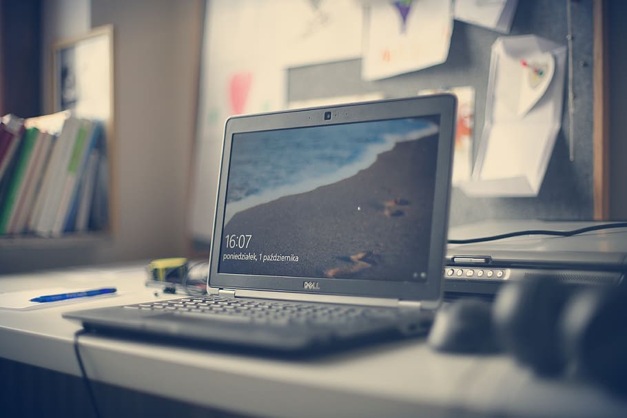 Black Dell Laptop on White Desk, access, blur, connection, contemporary