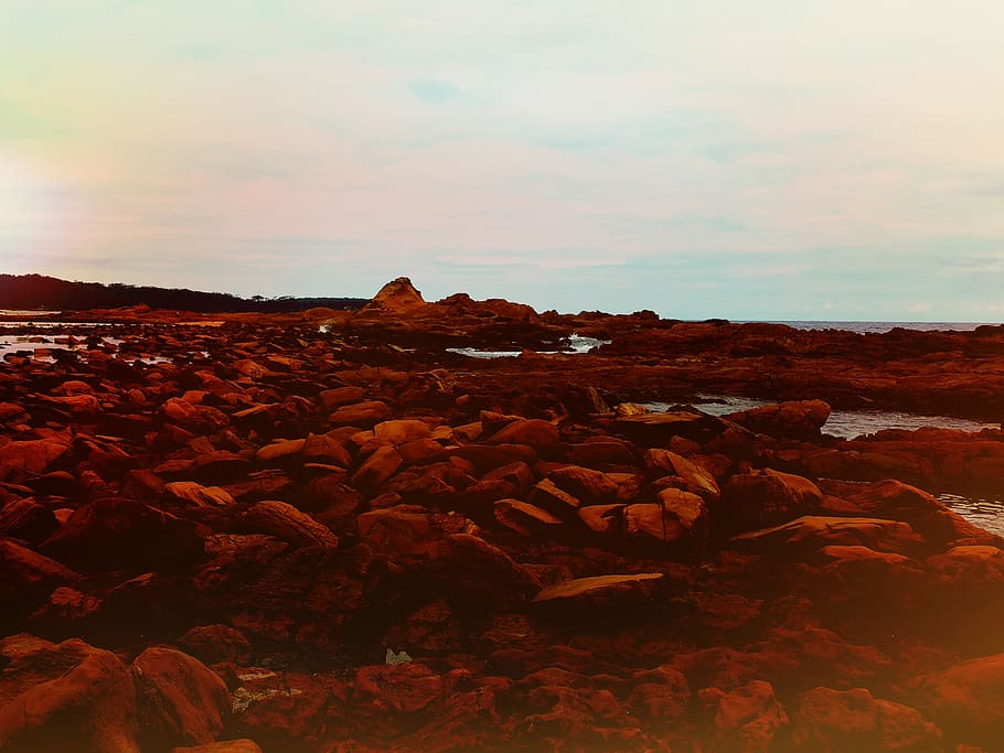 sky, beach, water, rockpool, red, rocks, solid, rock - object HD wallpaper