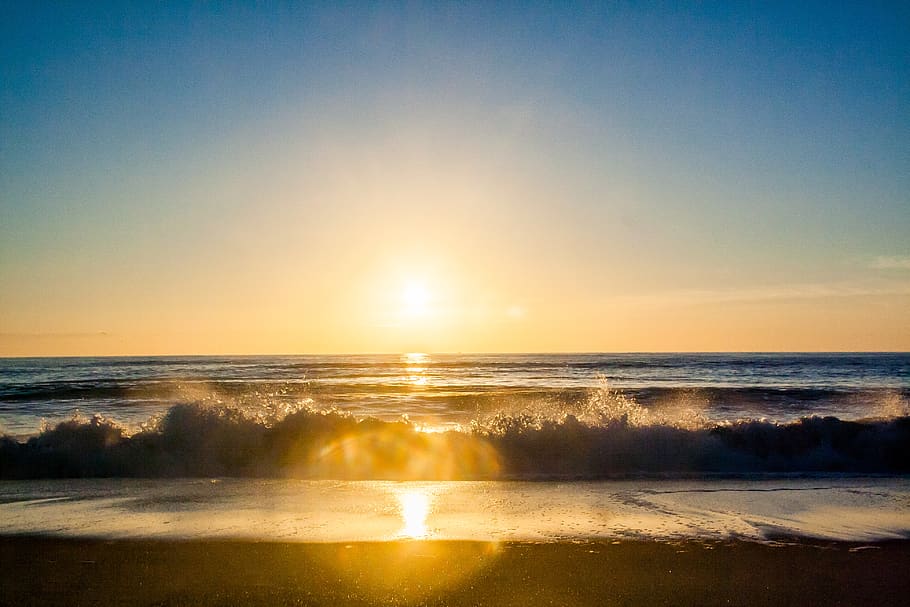 sunset, sun rays, beach, sand, ocean, sea, shore, waves, horizon HD wallpaper