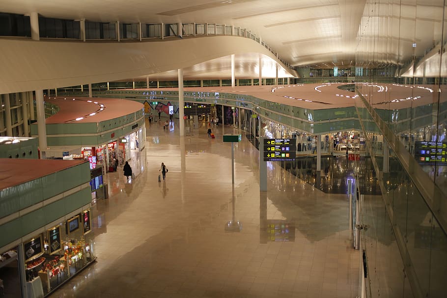 barcelona, spain, transportation, flight, airport, lobby, mall, HD wallpaper