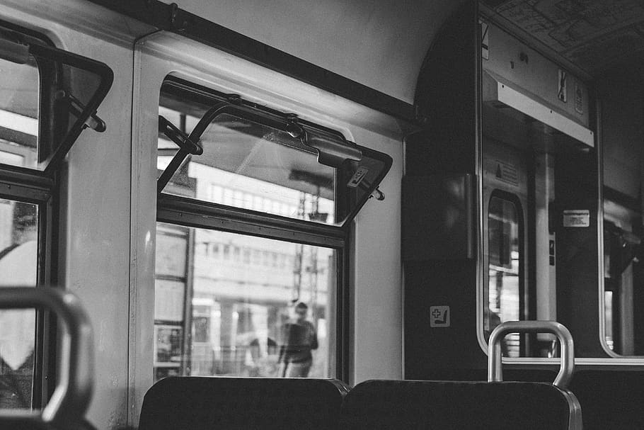 train, window, b w, transportation, traffic, seats, empty, railway HD wallpaper