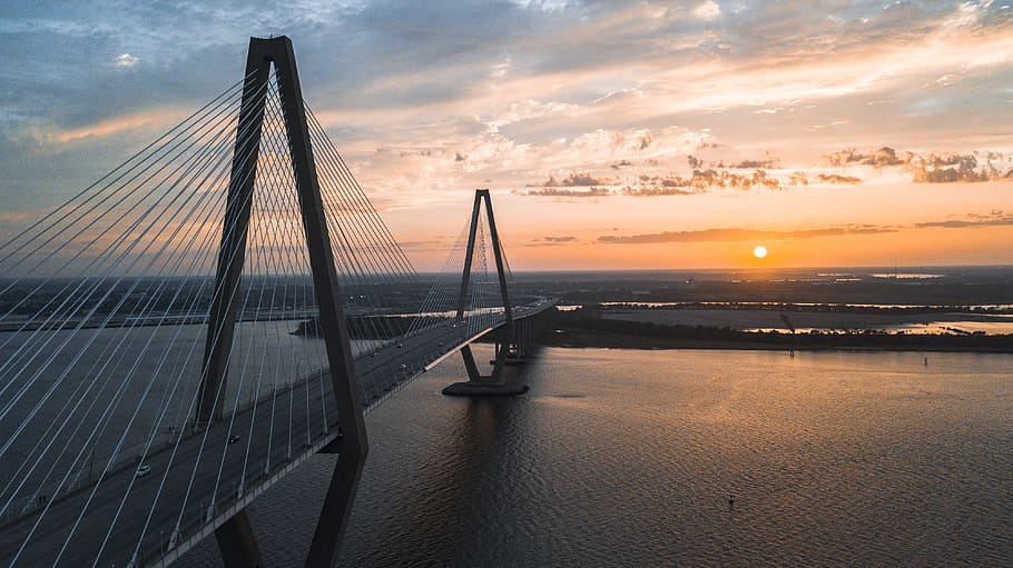 cable-stayed bridge view during golden hour, sky, sunset, cloud - sky HD wallpaper
