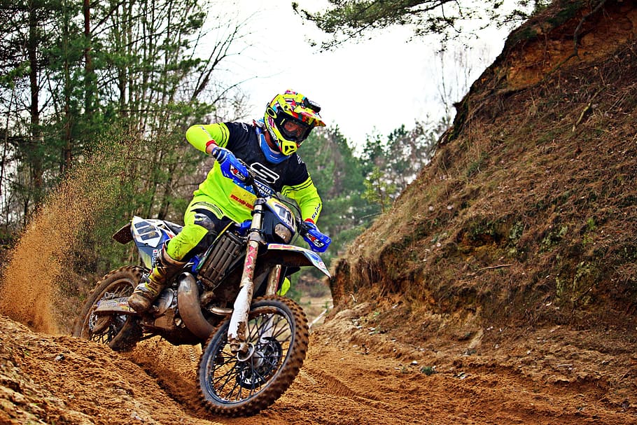 Man Riding Blue and White Dirt Bike, action, adult, adventure