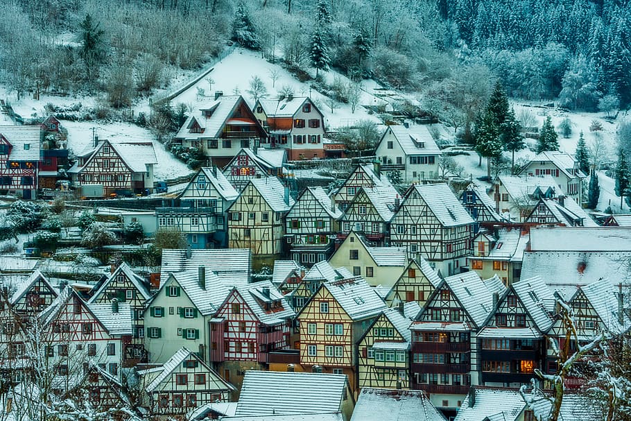 architecture, snow, winter, city, schiltach, truss, wintry HD wallpaper