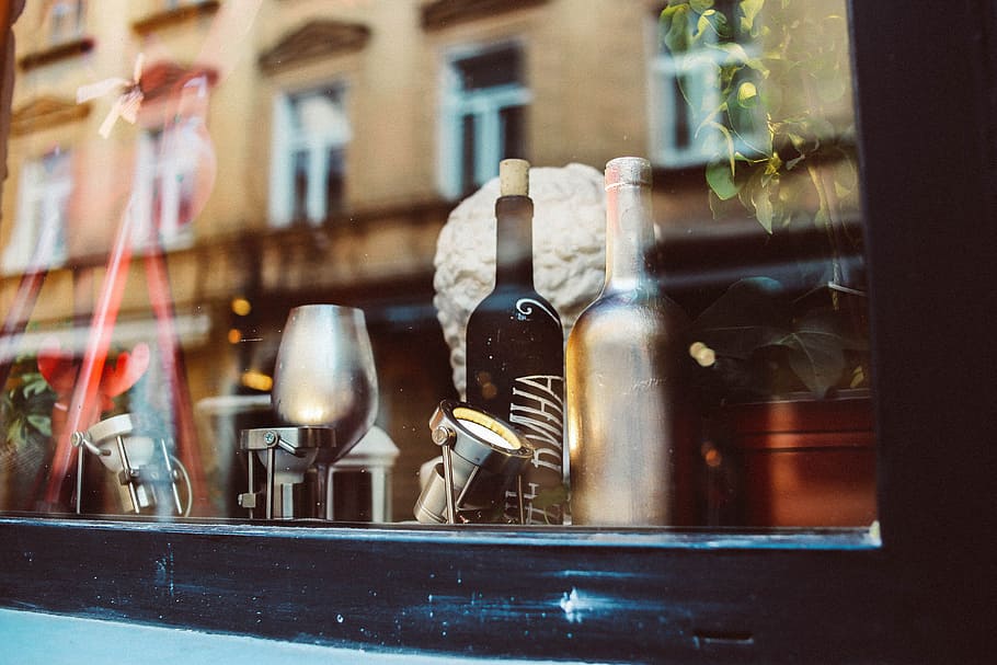 assorted glass bottles, window, reflection, city, street, wine