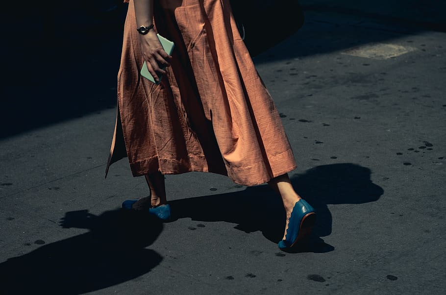person wearing brown skirt, walking, street, iphone, watch, wrist watch, HD wallpaper