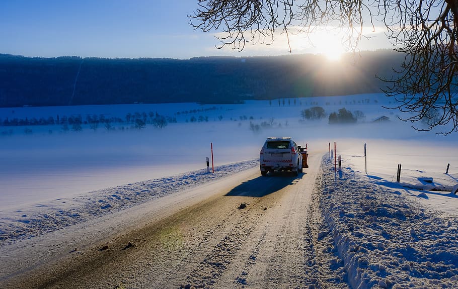 road, snow, snow thrower, cold, winter, landscape, rural, field, HD wallpaper