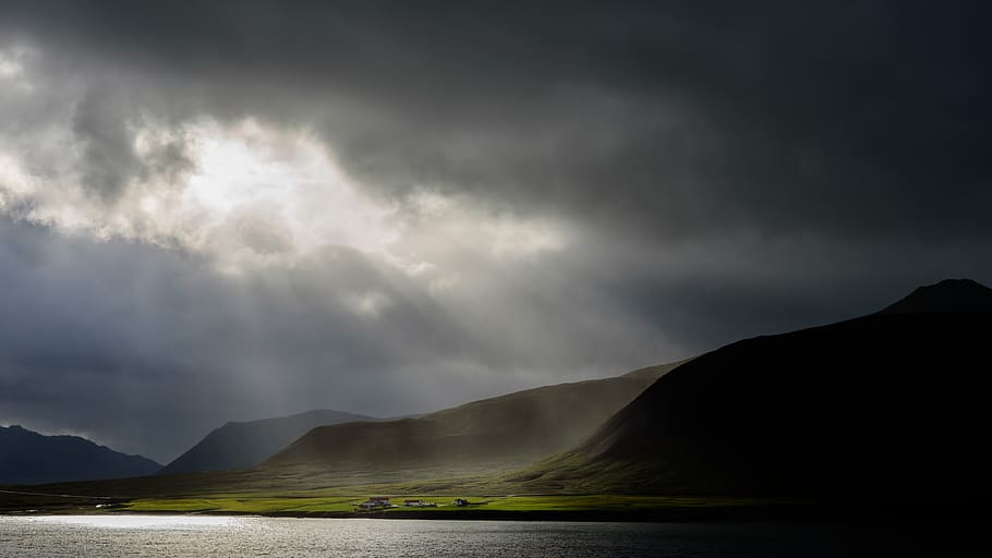 iceland, grundarfjörður, sea, sun, rays, clouds, mood, dawn