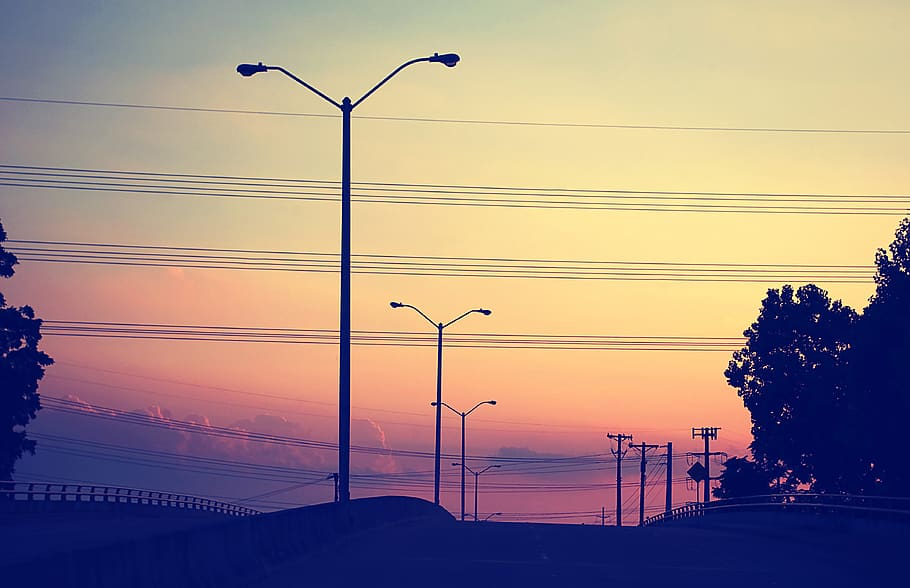 gray street lights, sunset, sky, cable, electricity, silhouette HD wallpaper