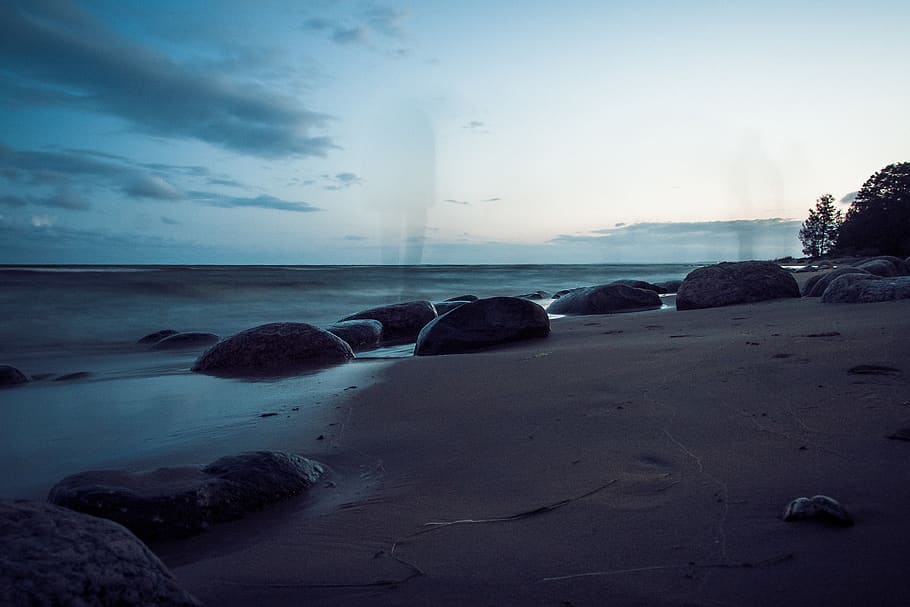 lake, stones, man, ghost, sea, sky, water, rock, rock - object HD wallpaper