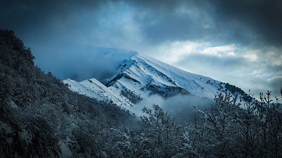 Scenic View of Snowy Mountain, clouds, cloudy, cold, dawn, fog HD wallpaper