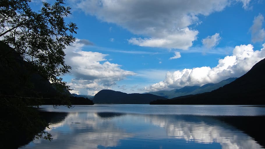 lake, evening, wilight, mountains, clouds, blue sky, slovenia HD wallpaper