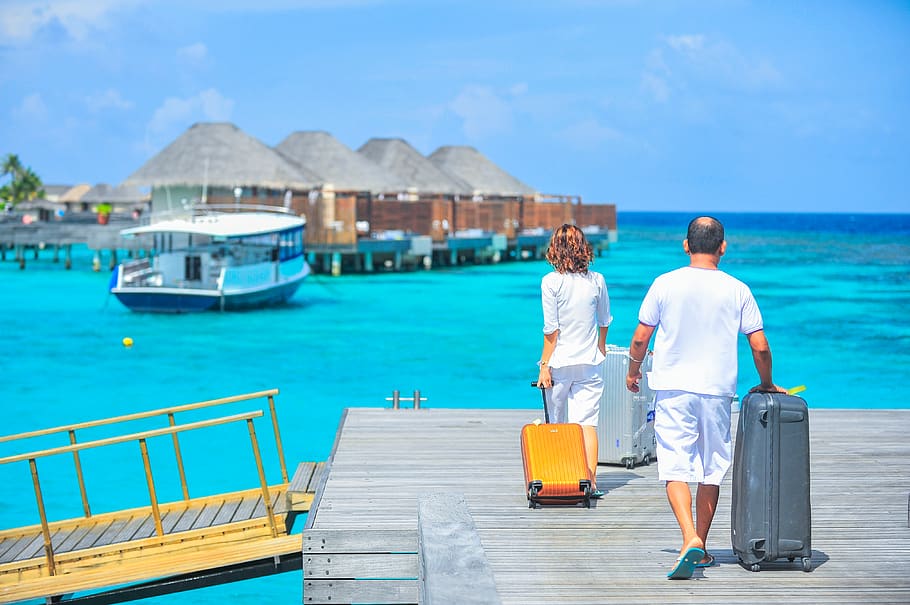 HD wallpaper: Man and Woman Walks on Dock, beach, blue, coastline, couple, hotel - Wallpaper Flare