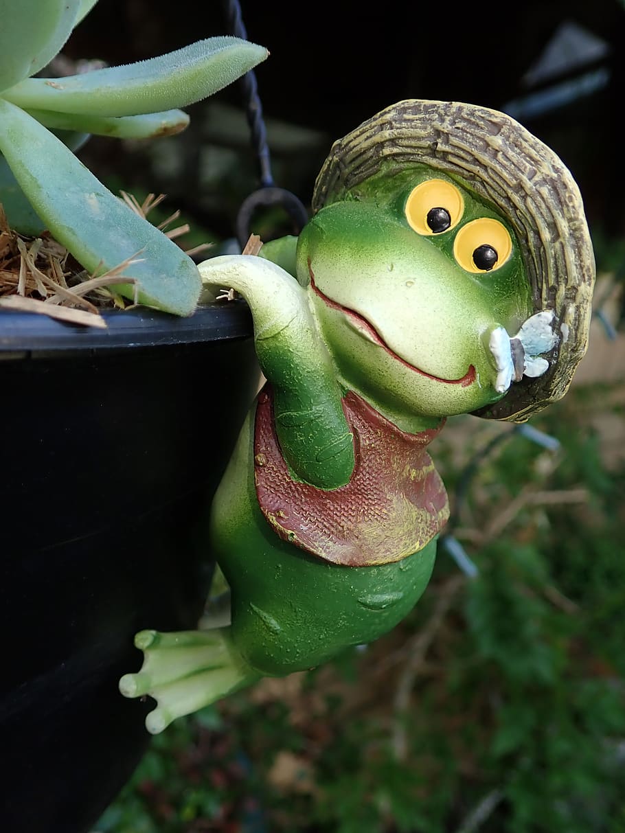 frog, garden, statue, funny, pot hanger, green color, close-up HD wallpaper