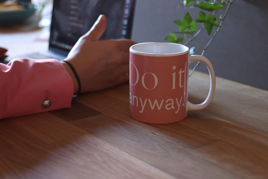 pink and white ceramic mug on table, text, western script, cup HD wallpaper