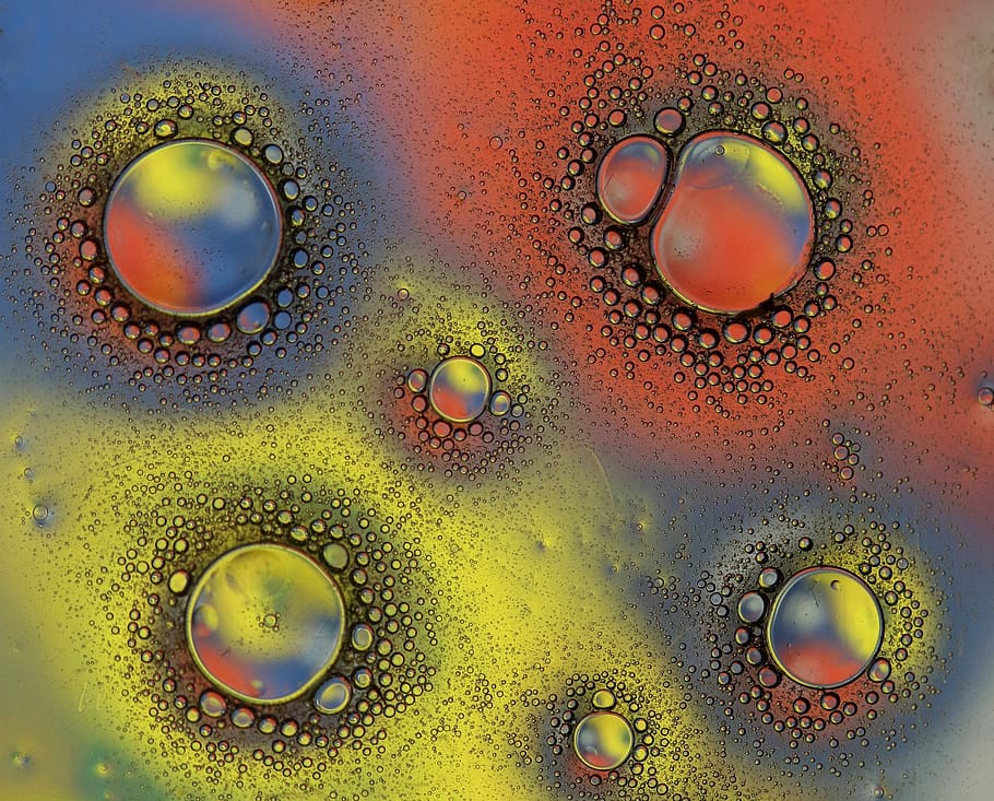 drops, macro, water, liquid, coloring, reflection, bubble, close-up HD wallpaper