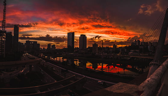 architecture, backlit, bridge, buildings, city, cityscape, dawn HD wallpaper
