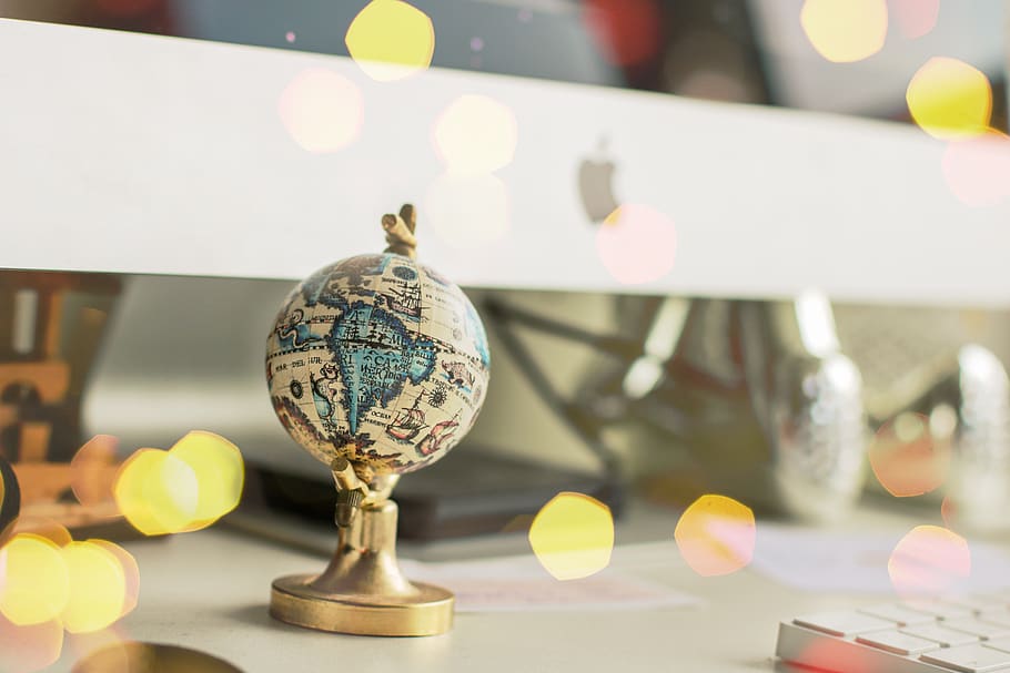 White And Blue Globe Miniature, desk, world, indoors, no people HD wallpaper