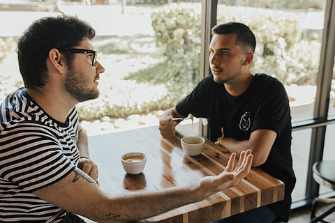 two men having conversation on table, human, person, coffee cup HD wallpaper