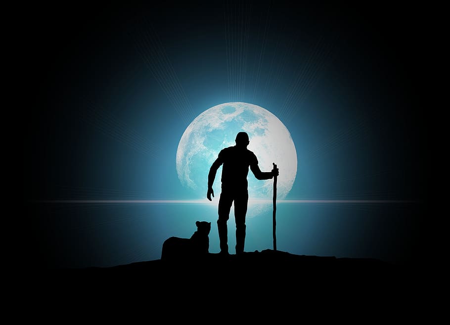 full moon, light, twilight, boy, silhouette, standing, adult HD wallpaper