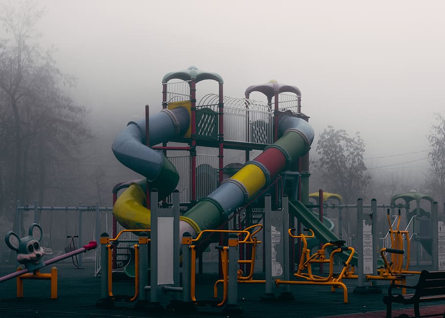 playground, play structure, park, slides, fun, grey, fog, foggy HD wallpaper
