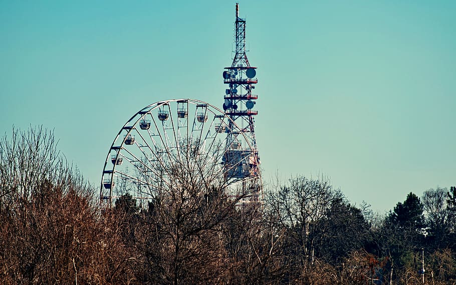 Photo of a Ferris Wheel Beside Tower, blue sky, environment, forest HD wallpaper