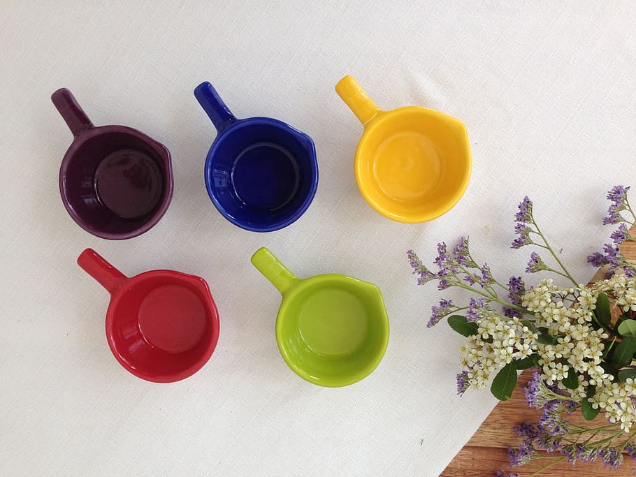 ceramic, vessels, colorful, cup, flower, flowering plant, table, HD wallpaper