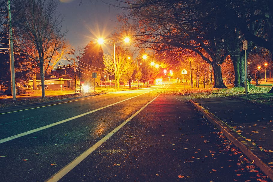 lighted empty street at night, tarmac, asphalt, flare, road, person