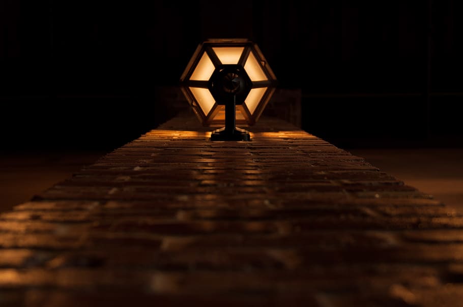 lamp, brick wall, lightpost, light fixture, illuminated, indoors HD wallpaper
